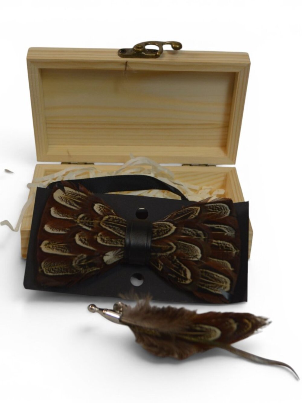 Handmade Feather Bow Tie & Lapel Pin Set Wood Gift Box Formal - NIB